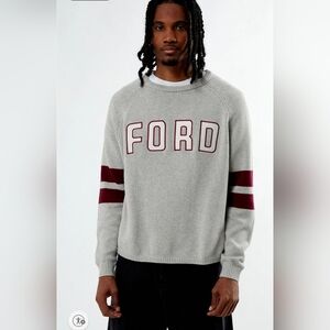 PACSUN X FORD HEATHERED GREY STRIPED CREW NECK SWEATER. SIZE LARGE.